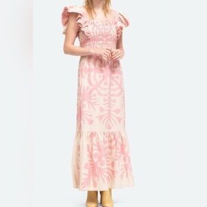 Sea New York Henrietta Smocked Maxi Ruffle Dress S/M $495